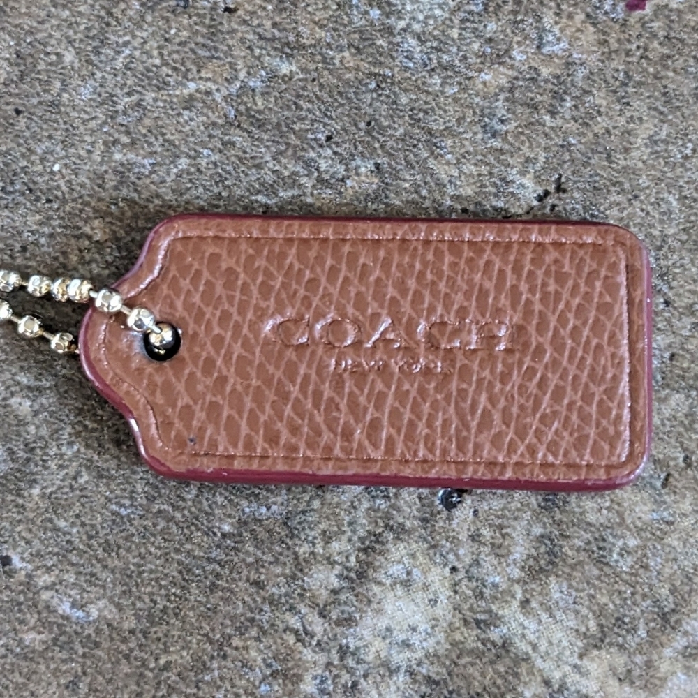 Coach Hangtag Brown Leather With Darker Border, Silver Tone Hardware